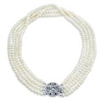 Art Deco Style White Freshwater Cultured Pearl Statement Multi Strand Necklace Floral Clasp