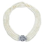 Art Deco Style White Freshwater Cultured Pearl Statement Multi Strand Necklace Floral Clasp