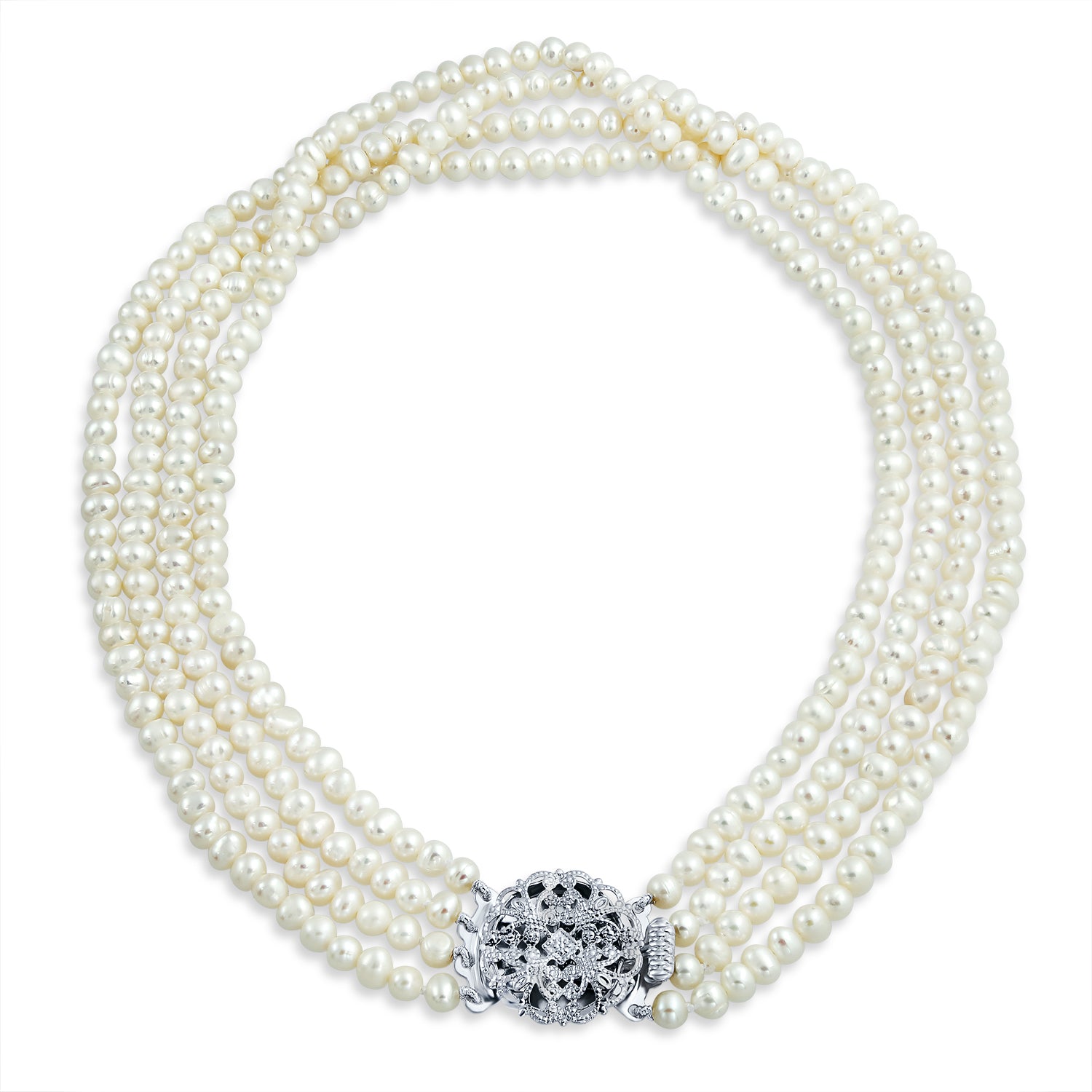 vintage-bridal-hand-knotted-necklace_cb-50004-az_1 Art Deco Style White Freshwater Cultured Pearl Statement Multi Strand Necklace Floral Clasp - Image 1