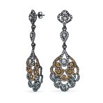 Vintage Estate Style Dangling Lace Flower Pink Black White Crystal Chandelier Statement Earrings