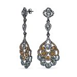 Vintage Estate Style Dangling Lace Flower Pink Black White Crystal Chandelier Statement Earrings