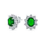 Classic Vintage Crown 1.5 CT CZ Stud Earrings with Green Simulated Emerald - Image 2