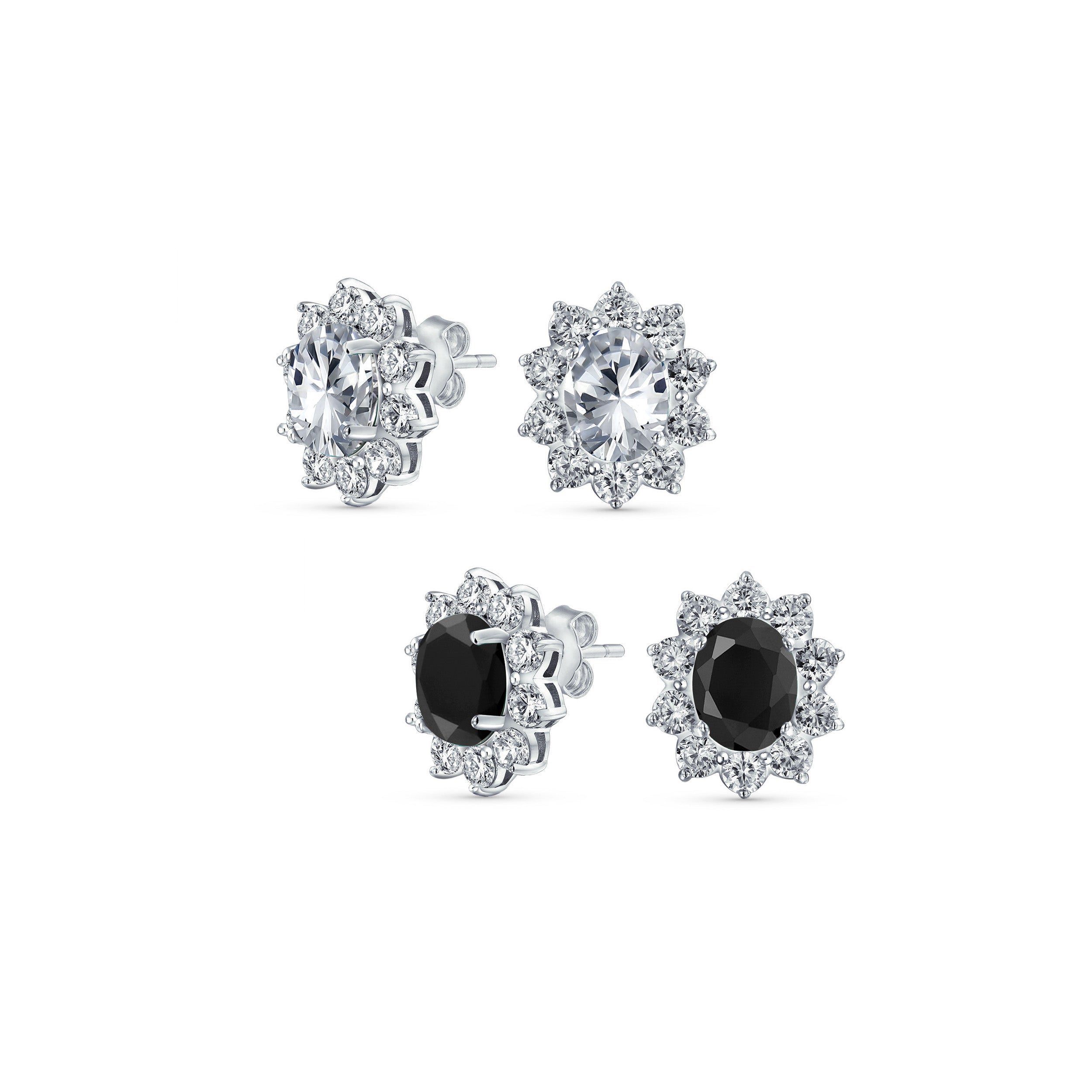vintage-cubic-zirconia-stud-earrings-oa-21ola3443-set-az Set of 2 Classic Vintage Crown Black Clear 1.5 CT CZ Stud Earring Silver Plated - Image 1