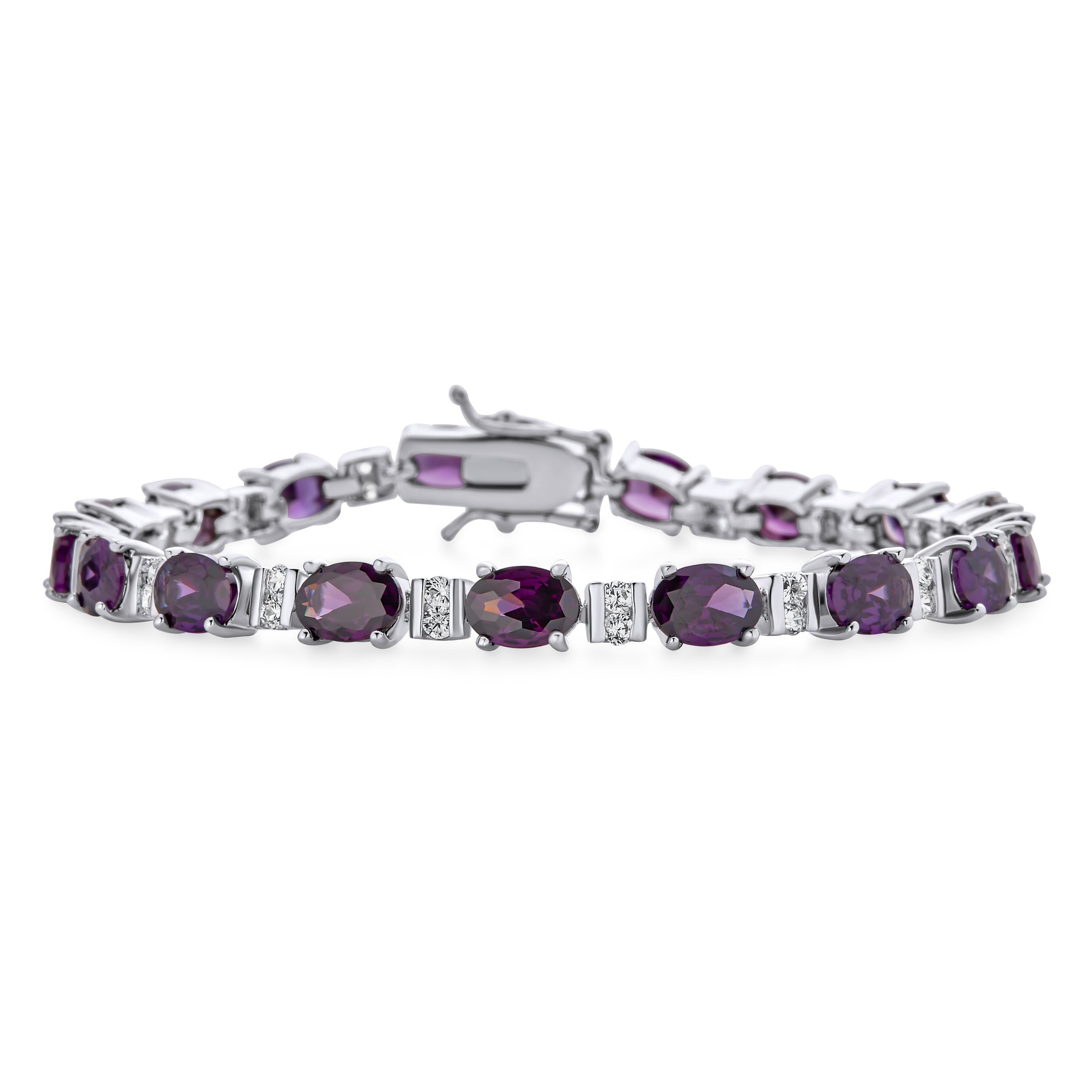 vintage-cz-oval-amethyst-tennis-mdr-3374b-004-az-01 Vintage Style Alternating Oval Shape Purple CZ Cubic Zirconia Tennis Bracelet Silver Plated 7 Inch - Image 1