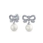 Victorian Dangle Chandelier Earrings with Ribbon CZ and Simulated Pearl Bow