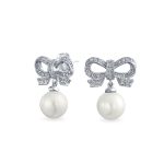 Victorian Dangle Chandelier Earrings with Ribbon CZ and Simulated Pearl Bow
