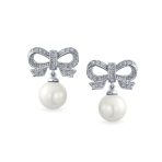 Victorian Dangle Chandelier Earrings with Ribbon CZ and Simulated Pearl Bow - Image 2
