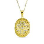 Antique Style Heart & Clover Oval Keepsake Photo Locket Necklace Gold Plated .925 Sterling Silver