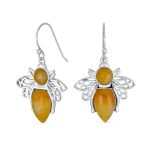 Garden Insect Orange Yellow Jade Queen Bumble Bee Dangle Drop Earrings .925 Sterling Silver - Image 2