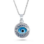 Spiritual Protection Amulet Round Circle Moving Floating Blue Evil Eye Filigree Charm Pendant Necklace Sterling Silver