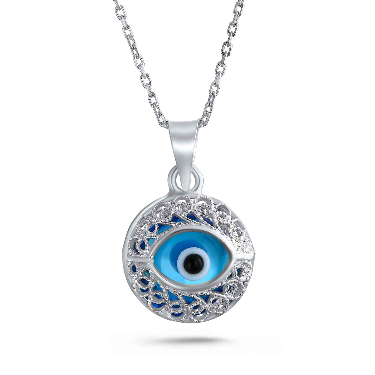vintage-necklace-blue-eyed-evil-turkish-charm_iy-oc3551_1 Spiritual Protection Amulet Round Circle Moving Floating Blue Evil Eye Filigree Charm Pendant Necklace Sterling Silver - Image 1