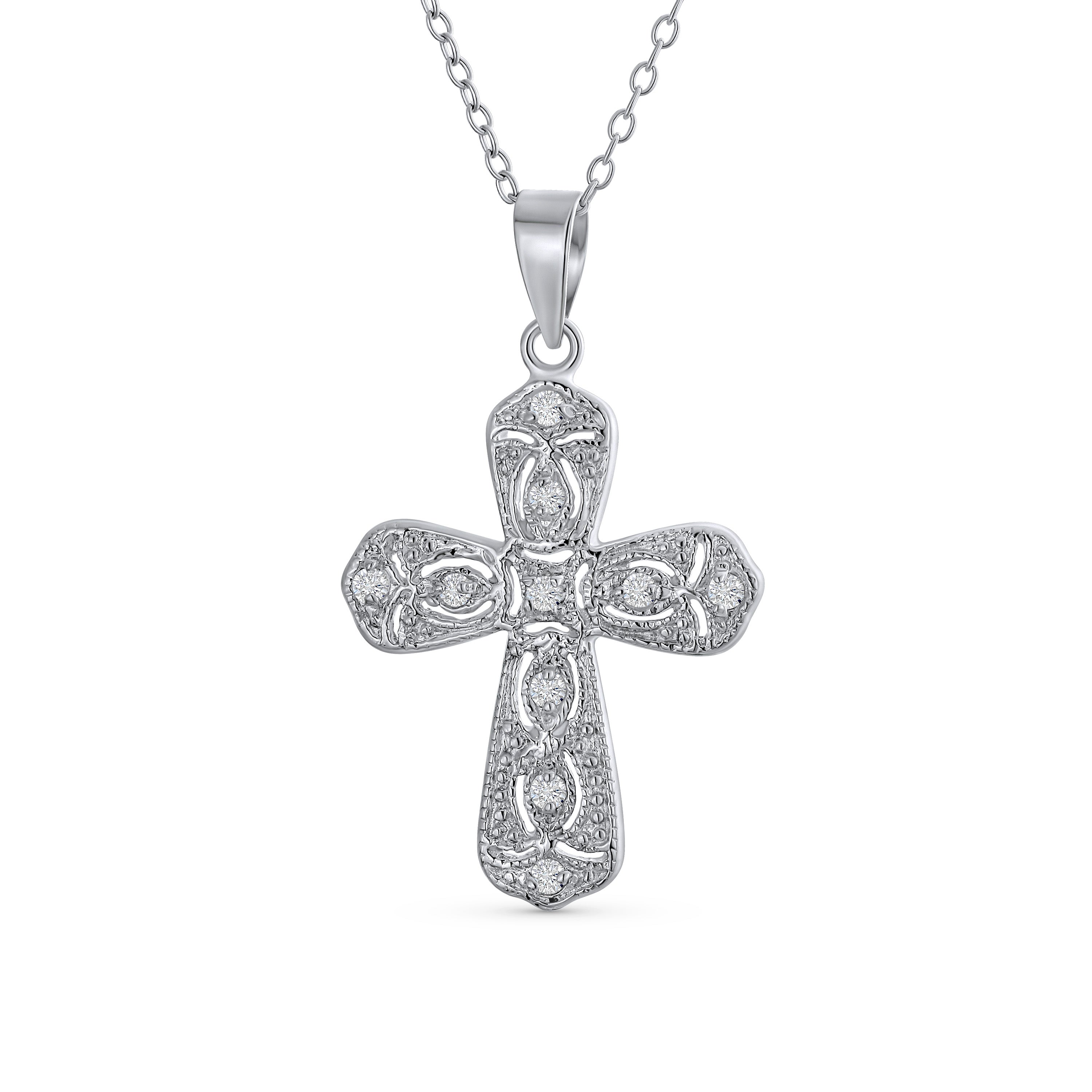 vintage-pave-cross-silver-cutout_yc-ycp349_111 Elegant Bridal Necklace with Cubic Zirconia Cross Pendant in Sterling Silver - Image 1