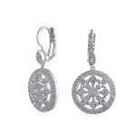 Vintage Style Bridal Round Medallion Cubic Zirconia CZ Dangle Statement Earrings Silver Plated