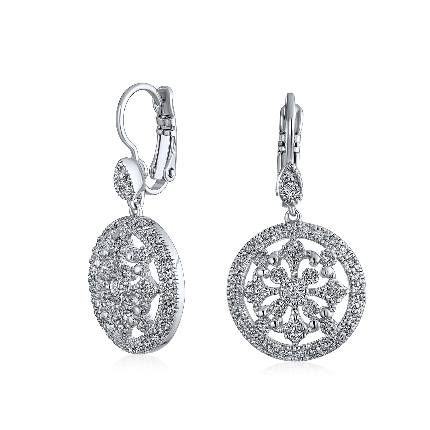 vintage-silver-dangle-earrings-compass_ag-ez-5503-si-az_1 Vintage Style Bridal Round Medallion Cubic Zirconia CZ Dangle Statement Earrings Silver Plated - Image 1