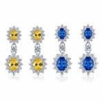 Set of 2 Art Deco Crown Halo Oval Yellow & Blue CZ Dangle Drop Earrings