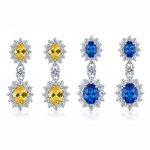 Set of 2 Art Deco Crown Halo Oval Yellow & Blue CZ Dangle Drop Earrings