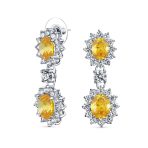 Set of 2 Art Deco Crown Halo Oval Yellow & Blue CZ Dangle Drop Earrings - Image 3