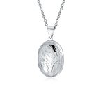 Vintage Style Floral Design Small Oval Shape Photo Locket Necklace Pendant .925 Sterling Silver