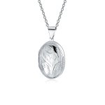 Vintage Style Floral Design Small Oval Shape Photo Locket Necklace Pendant .925 Sterling Silver