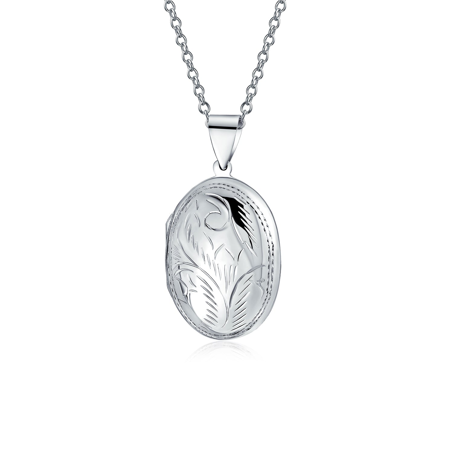 vintage-style-carved-floral-locket-silver_sstr-l1704_1 Vintage Style Floral Design Small Oval Shape Photo Locket Necklace Pendant .925 Sterling Silver - Image 1