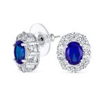 Classic Style Crown 1.5 CT CZ Halo Oval Stud Earrings Rhodium Plated Brass
