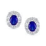 Classic Style Crown 1.5 CT CZ Halo Oval Stud Earrings Rhodium Plated Brass - Image 3