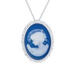 Classic Vintage Blue White Victorian Lady Cameo Pendant Necklace Sterling Silver