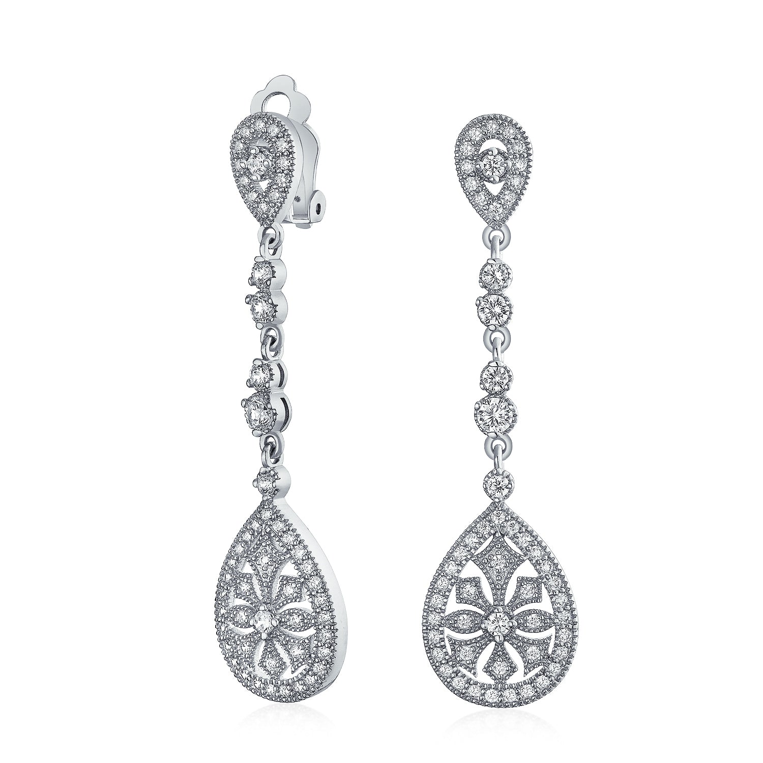 vintage-teardrop-silver-earring-clip_my-60219c_1 Art Deco Style Filigree Teardrop Cubic Zirconia Chandelier Clip On Earrings - Image 1
