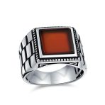 Retro Mens Silver Ring with Black Onyx and Red Agate Gemstone Handmade in Turkey - Image 2