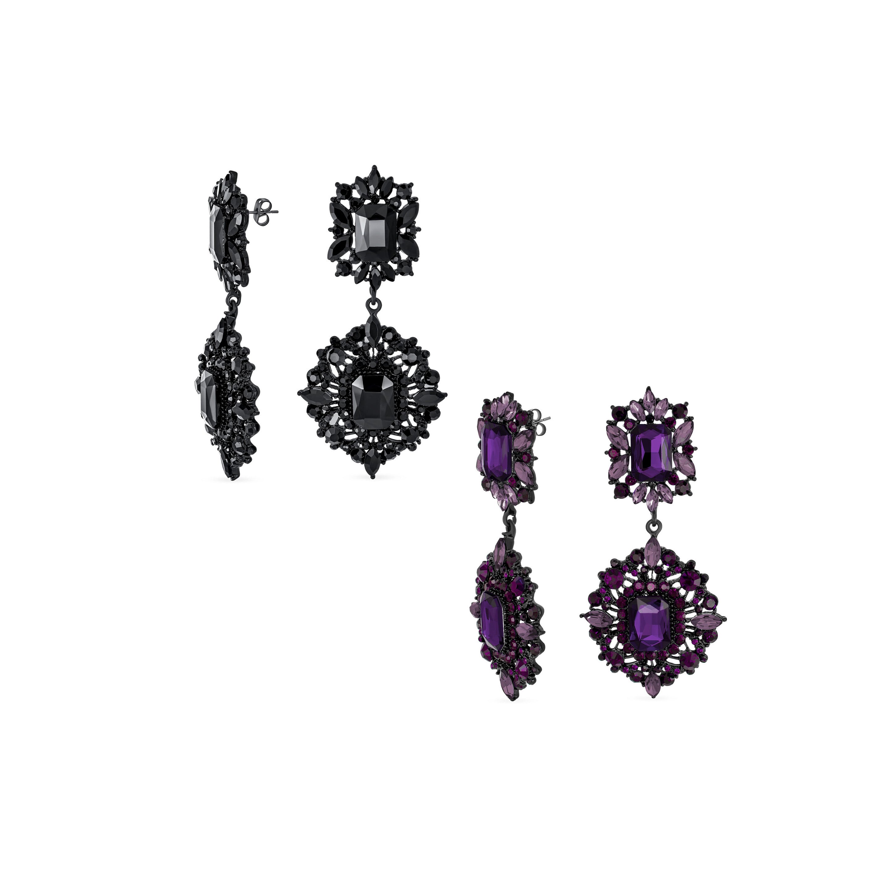 wedding-art-deco-black-dangle-elj-eje22112-set-az Set of 2 Big Crystal Art Deco Purple and Black Dangle Earrings Black Plated - Image 1