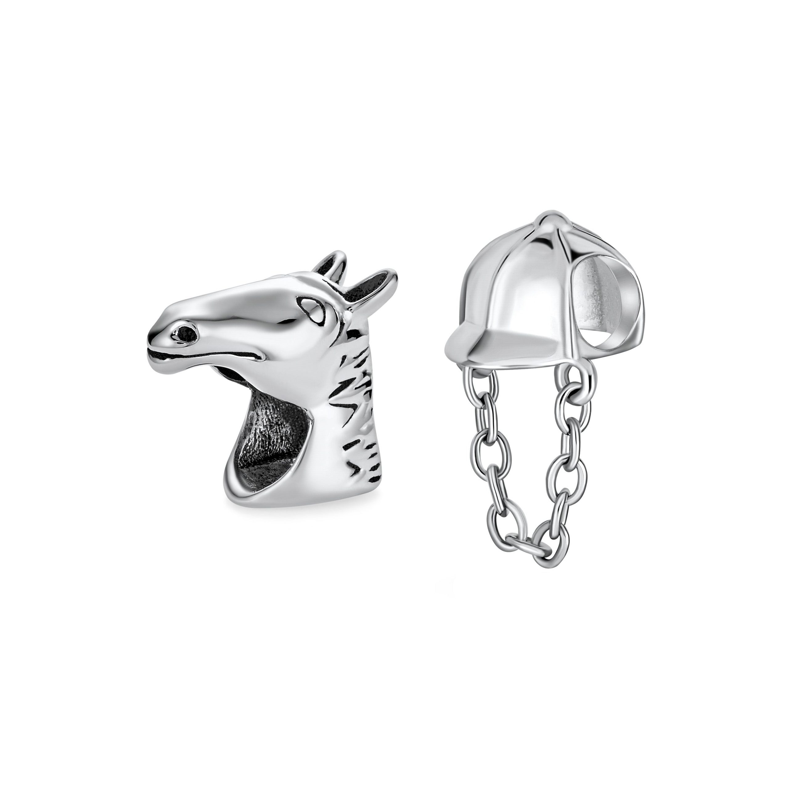 western-horse-jockey-charm-bracelet-pbx-hs-685-set-az Set of 2 Western Horse and Jockey Equestrian Cap Hat Charm Bead Sterling Silver - Image 1