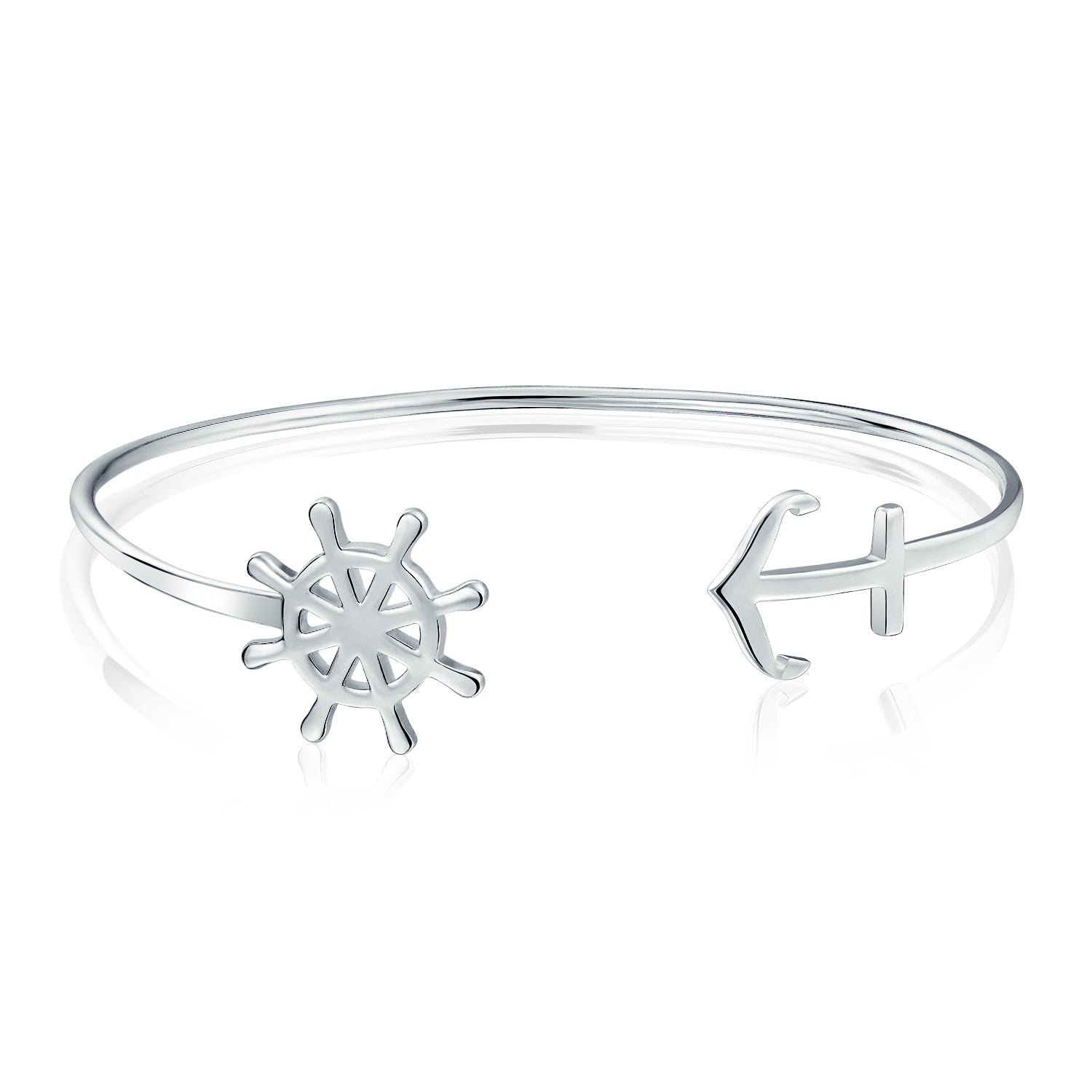 wheel-anchor-bangle-bracelet-silver_pfs-b54-0791s_1 Nautical Ocean Ship Wheel Anchor Bangle Bracelet in Sterling Silver Jewelry - Image 1