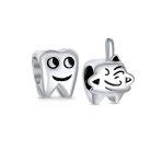 Set of 2 Smiling Tooth and Fairy Dentist Charm Bead Oxidized Sterling Silver