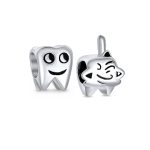 Set of 2 Smiling Tooth and Fairy Dentist Charm Bead Oxidized Sterling Silver