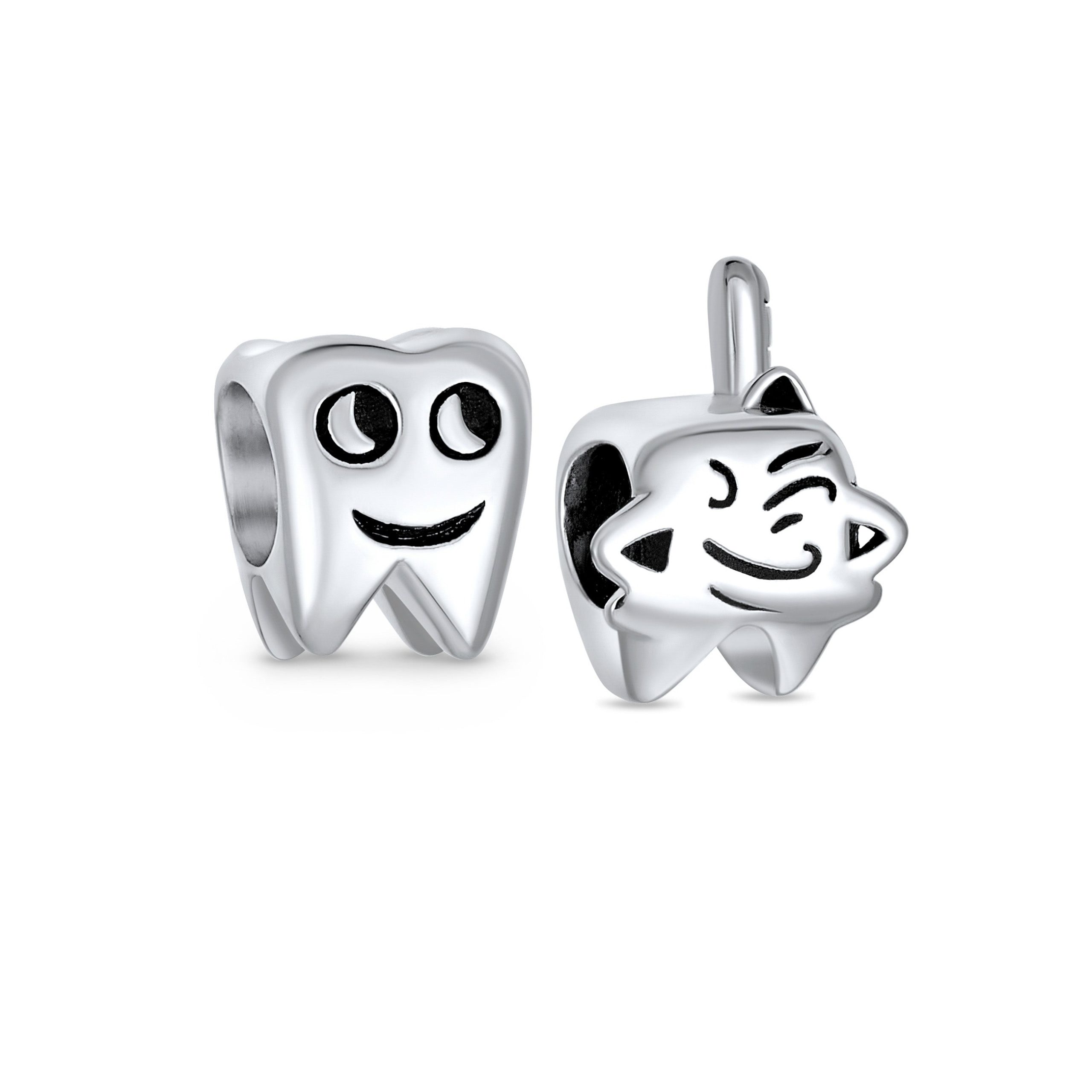 whimsical-dentist-tooth-fairy-charm-pbx-df-sb-1230-set-az Set of 2 Smiling Tooth and Fairy Dentist Charm Bead Oxidized Sterling Silver - Image 1