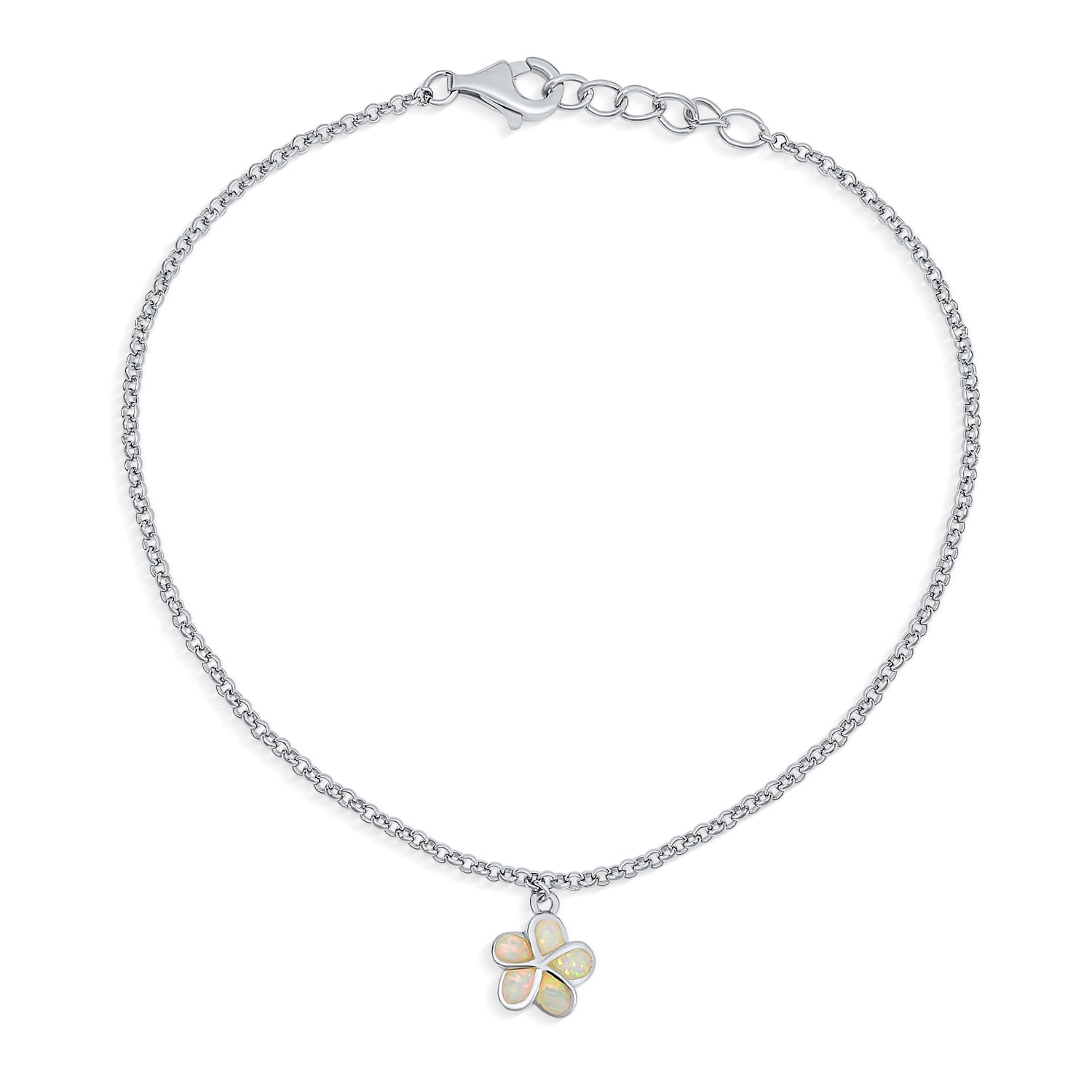 white-anklet-silver-opal-flower_jf-a72 White Opal Hawaiian Plumeria Flower Anklet Ankle Bracelet .925 Sterling Silver - Image 1