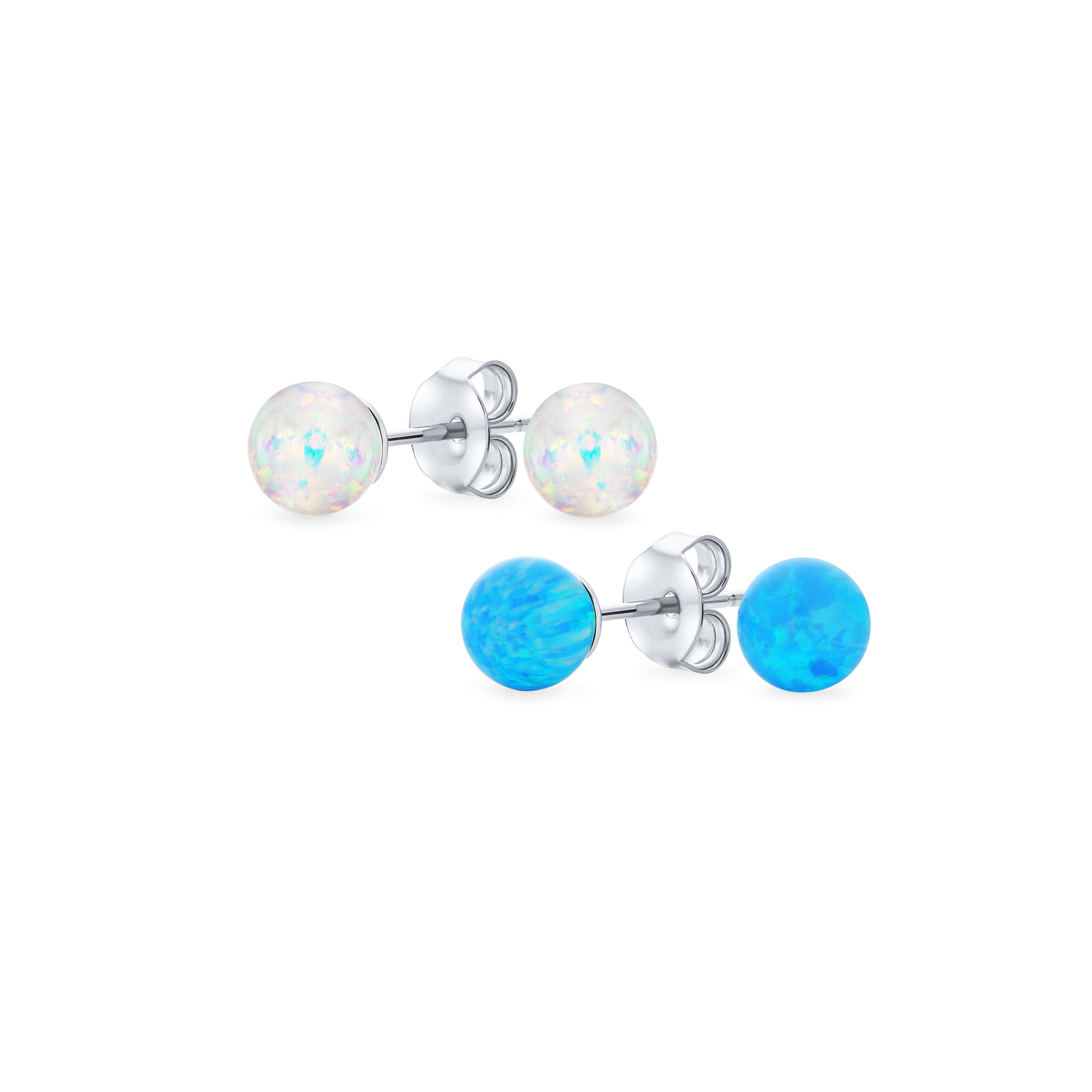 white-ball-opal-earring-stud-jf-6mm-opal-set2-az Set of 2 Minimalist Round Bead Gemstone Opalescent Opal Drop Stud Earrings - Image 1