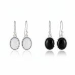 Set of 2 White Agate & Black Onyx Bezel Oval Cabochon Drop Earrings Gold Plated