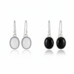 Set of 2 White Agate & Black Onyx Bezel Oval Cabochon Drop Earrings Gold Plated