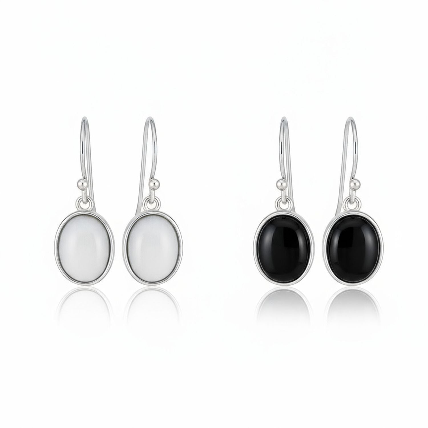 white-black-two-pair-bezel-drop-fish-hook-wj-swe12959-set-az Set of 2 White Agate & Black Onyx Bezel Oval Cabochon Drop Earrings Gold Plated - Image 1
