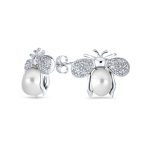 Vintage Art Deco CZ Stud Earrings with Jade and Pearl Bumble Bee Design - Image 2