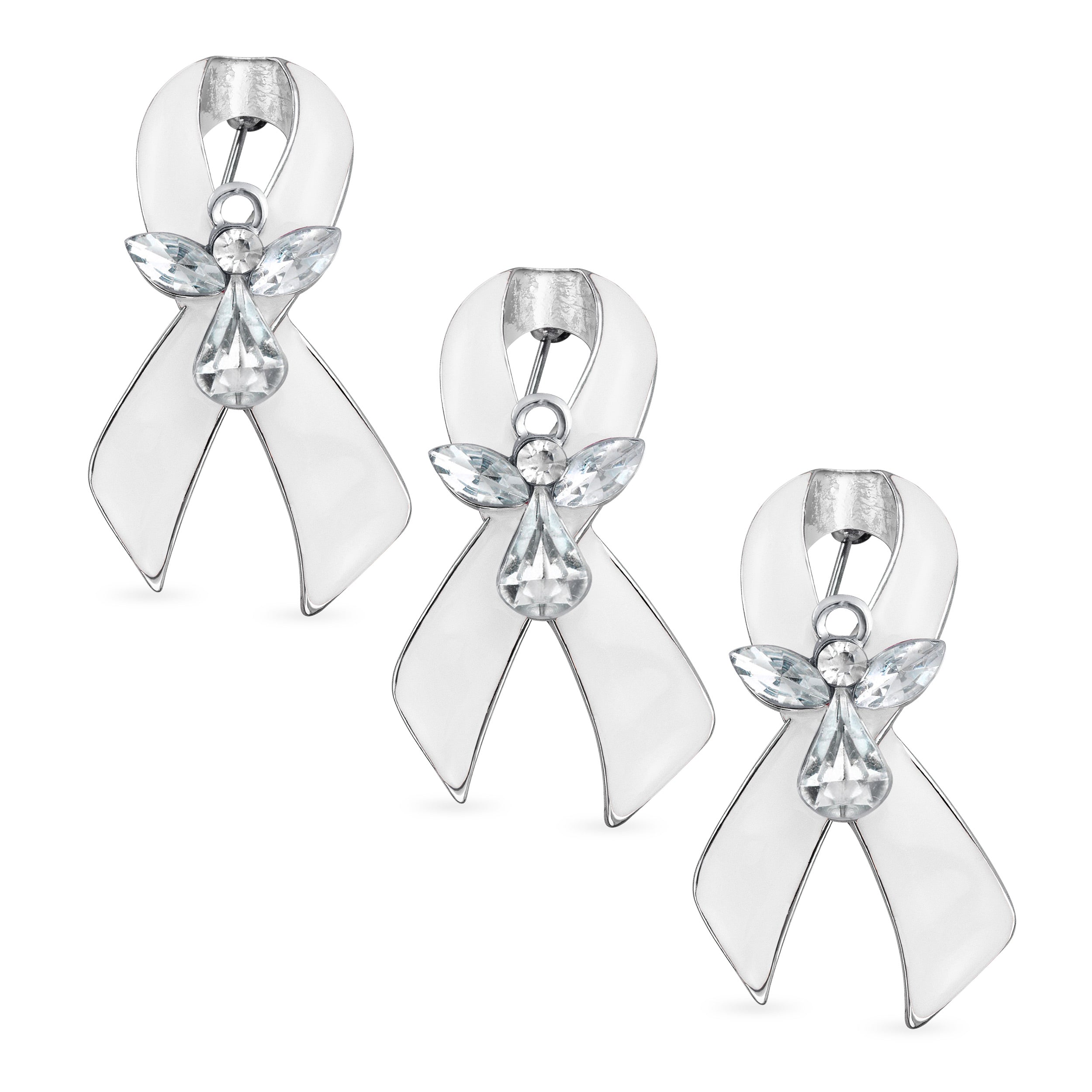 white-cancer-awareness-ribbon-pin_faj-dbh00974-set Set of 3 Ribbon Brooch Pins Crystal Accents Enamel Silver Plated - Image 1