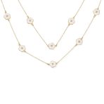 Fashion Enamel Flower Strand Necklace 14K Gold Plated 36 Inch Crystal Accents