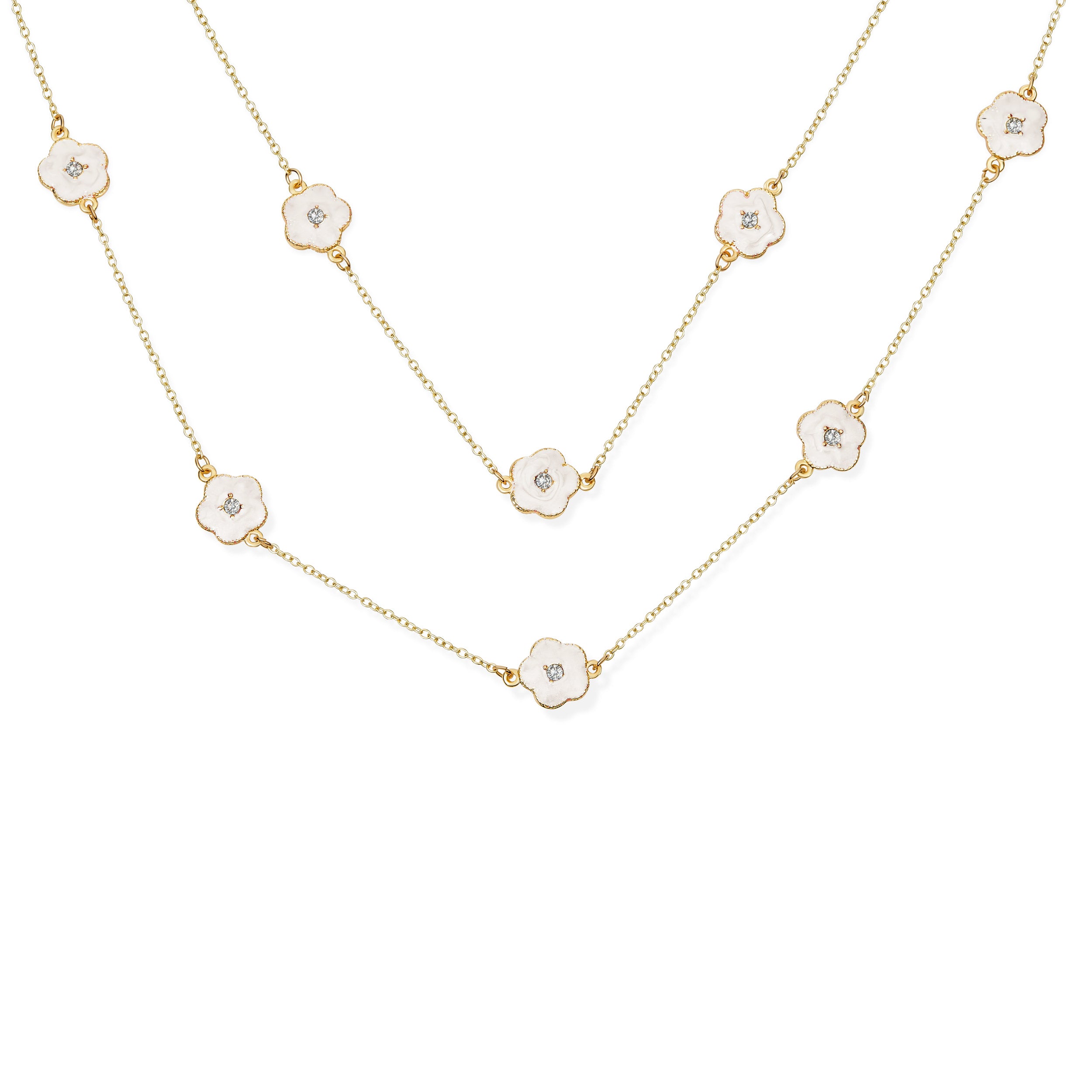 white-flower-gold-cz-chain-necklace-ja-ne434011 Fashion Enamel Flower Strand Necklace 14K Gold Plated 36 Inch Crystal Accents - Image 1