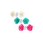 Romantic Set of 3 Floral 3D Carved Red, Purple, Black, Rose Flower Stud Earrings 10MM - Image 4