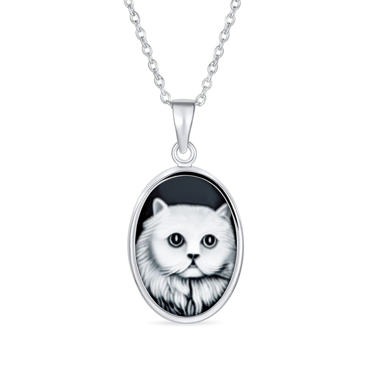 white-grey-kitty-portrait-pendant-silver_yl-m025a-012_20_1 Vintage Antique Style Black Onyx Cat Cameo Pendant Necklace in Sterling Silver - Image 1