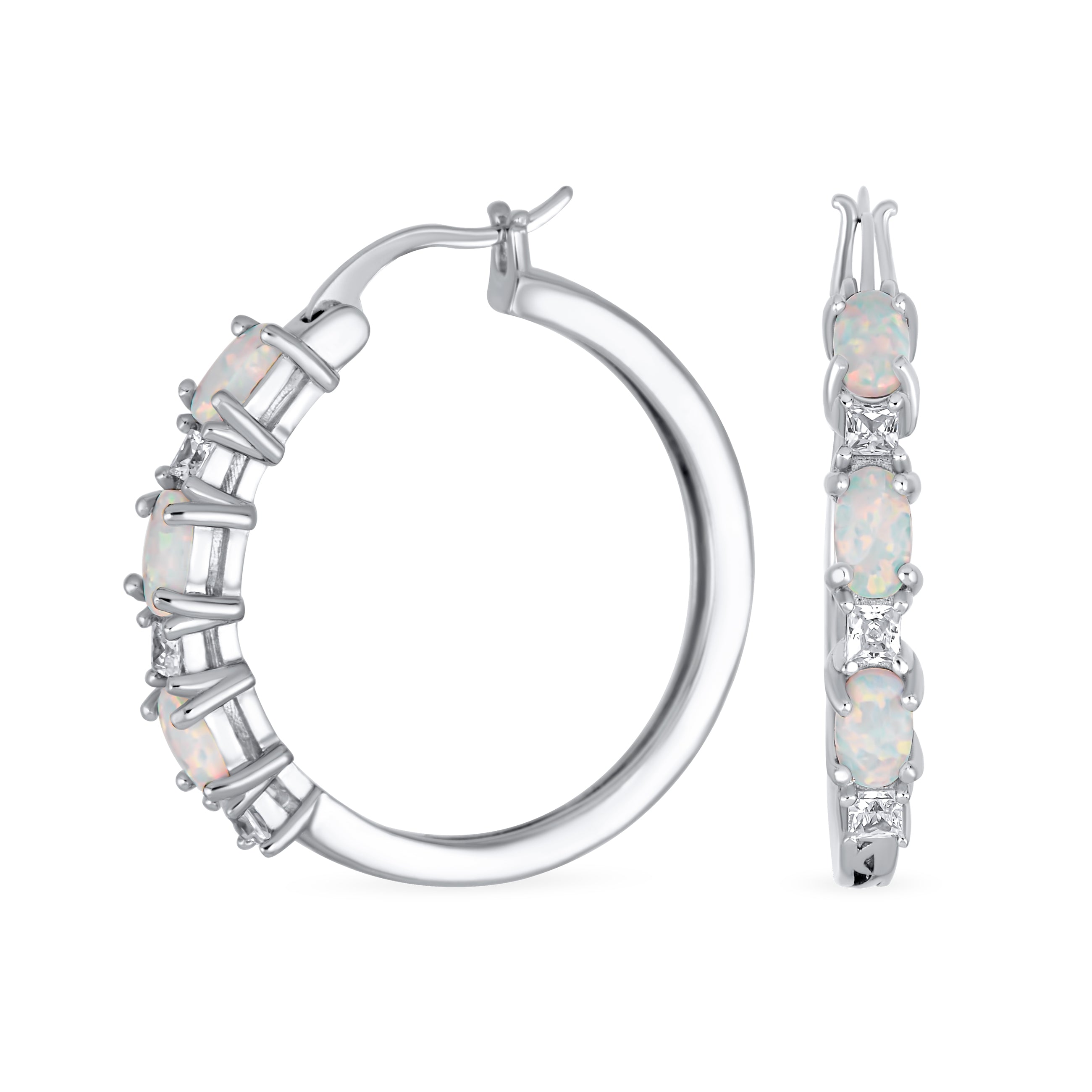 white-opal-large-hoop-earrings-silver-xny-es3918a1-az_01 Cubic Zirconia Hoop Huggie Earrings with White Opal Sterling Silver 1 Inch - Image 1