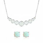 Gemstone White Created Opal Necklace & Stud Earrings Jewelry Set Sterling Silver