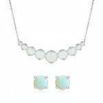 Gemstone White Created Opal Necklace & Stud Earrings Jewelry Set Sterling Silver