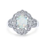 Vintage Style Oval Flower White Created Opal Full Finger Ring .925 Sterling Silver